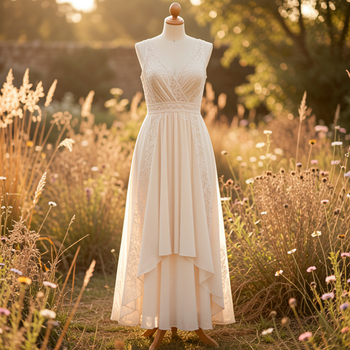 Robe de demoiselle d’honneur bohème chic en mousseline ivoire et dentelle, présentée dans un jardin rustique baigné de lumière dorée.