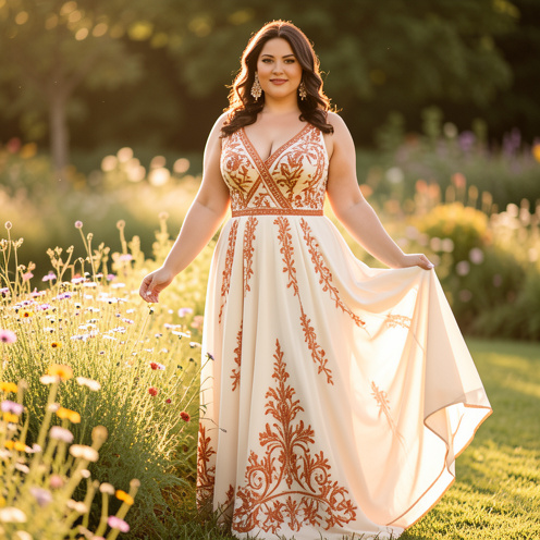Femme grande taille portant une élégante robe bohème pour invitée de mariage, dans un jardin fleuri baigné par la lumière dorée.