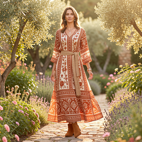 Femme portant une longue robe bohème fluide aux imprimés floraux et géométriques, accessoirisée d'une ceinture tressée et de bottines, dans un jardin méditerranéen baigné de lumière dorée.