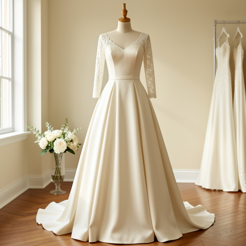 Robe de mariée ivoire élégante présentée sur un mannequin, avec une coupe évasée, des manches en dentelle et une longue traîne dans une boutique raffinée.