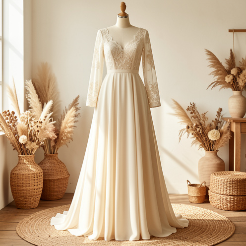 Robe de mariée empire bohème en ivoire, présentée sur un mannequin, avec un corsage en dentelle et une jupe fluide en mousseline.