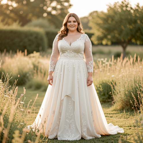 Femme grande taille portant une robe de mariée bohème ivoire dans un jardin rustique baigné de lumière dorée.