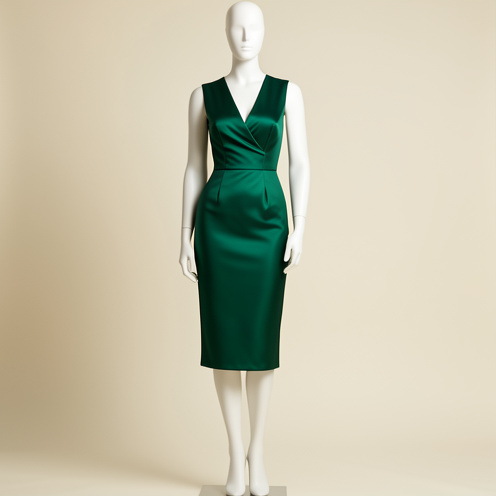 Robe moulante élégante en satin vert émeraude présentée sur un mannequin féminin dans un studio sobre.