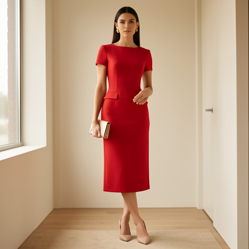 Une femme porte une élégante robe rouge midi avec des boucles d’oreilles dorées, une pochette sobre et des escarpins nude dans un intérieur raffiné.