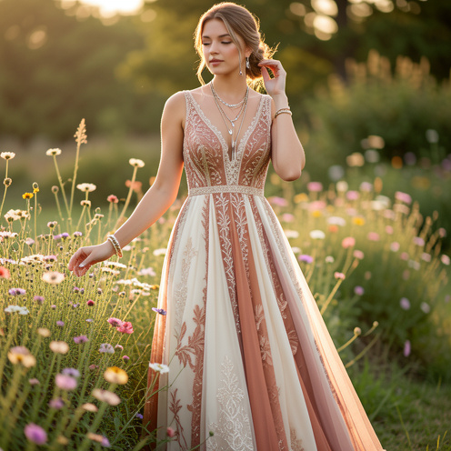 Femme portant une robe de cérémonie bohème chic dans un jardin fleuri baigné par une lumière dorée.