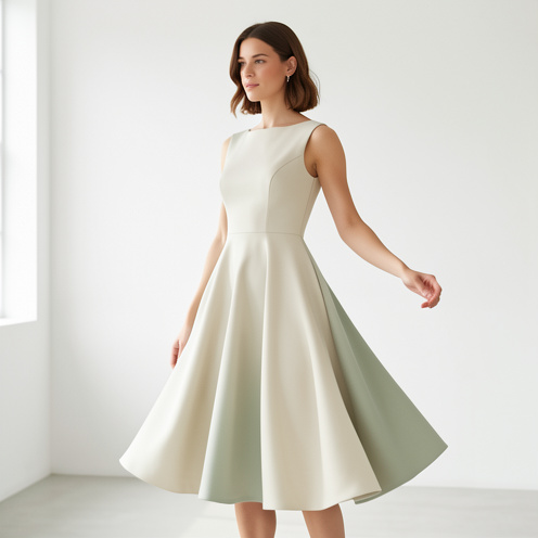Femme portant une élégante robe trapèze chic dans un studio lumineux et minimaliste.
