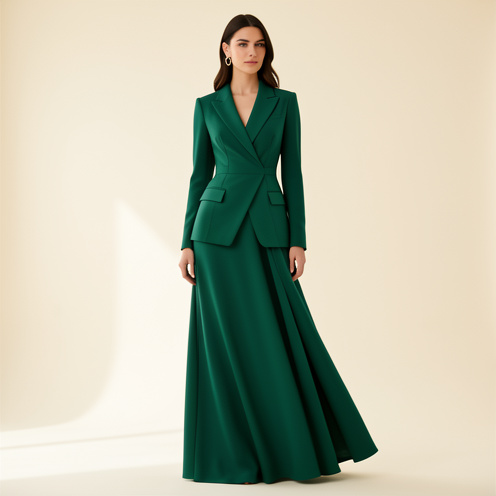 Femme portant une robe verte élégante aux nuances raffinées et à la coupe moderne, dans un studio minimaliste.