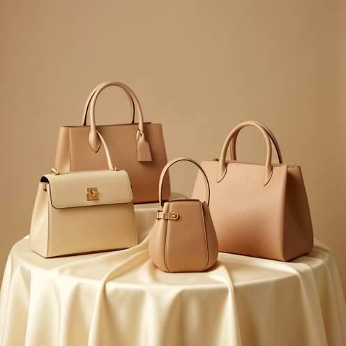 Collection de sacs à main pour femme aux formes rectangulaires, arrondies et trapézoïdales, présentés dans un décor élégant aux tons crème et caramel.