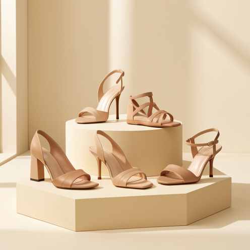 Sélection de sandales à talons pour femme présentant différentes hauteurs et formes, disposées sur un socle crème dans un décor lumineux et élégant.