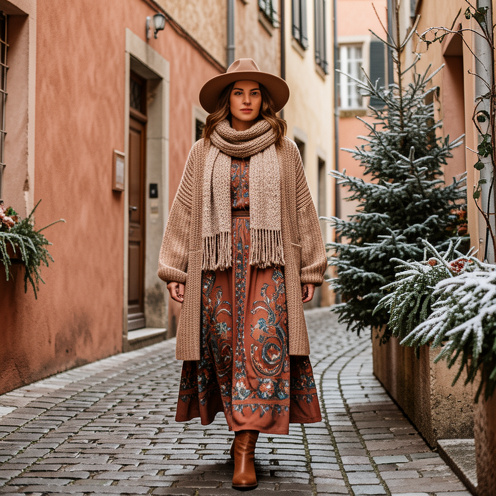 Femme portant une tenue bohème chic d’hiver composée de vêtements superposés, dans une rue rustique aux teintes terreuses.