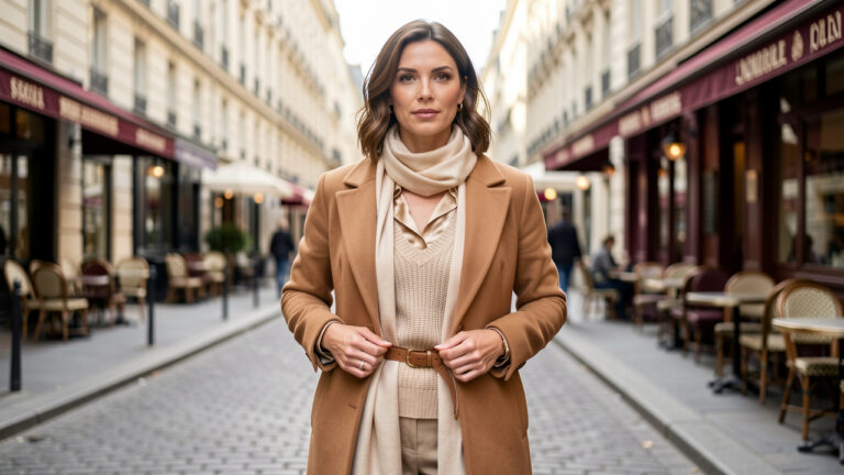 Femme élégante portant un manteau camel structuré sur une blouse en soie et un haut en maille, avec une ceinture et une écharpe raffinées dans une rue parisienne.