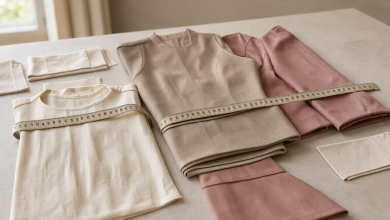 Vêtements féminins de très petite taille soigneusement disposés sur une table d’atelier, avec un mètre ruban mesurant leurs proportions et leurs coupes.