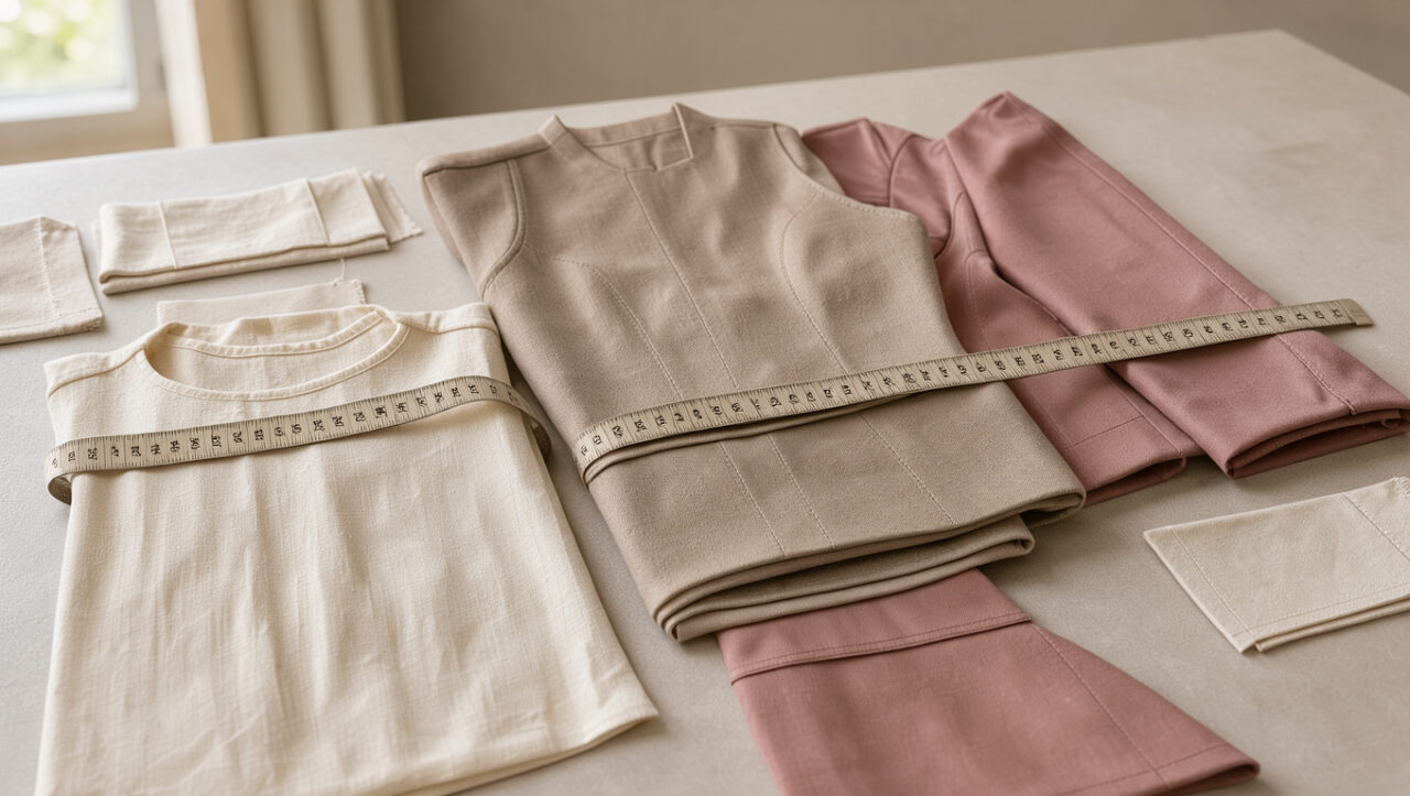 Vêtements féminins de très petite taille soigneusement disposés sur une table d’atelier, avec un mètre ruban mesurant leurs proportions et leurs coupes.