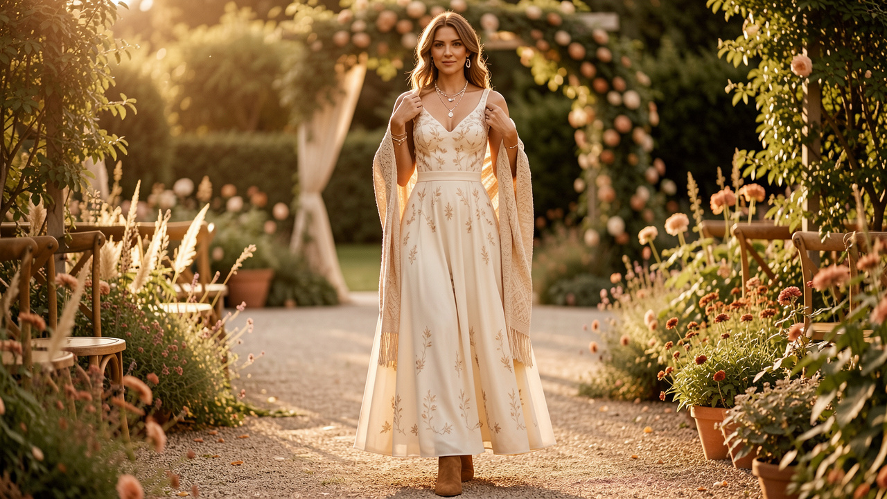 Femme adulte portant une tenue bohème chic et élégante dans un jardin baigné par la lumière dorée.