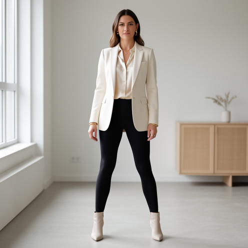Une femme élégante porte un legging noir avec un blazer crème, un chemisier ivoire satiné, des bottines et des bijoux dorés discrets dans un intérieur raffiné.