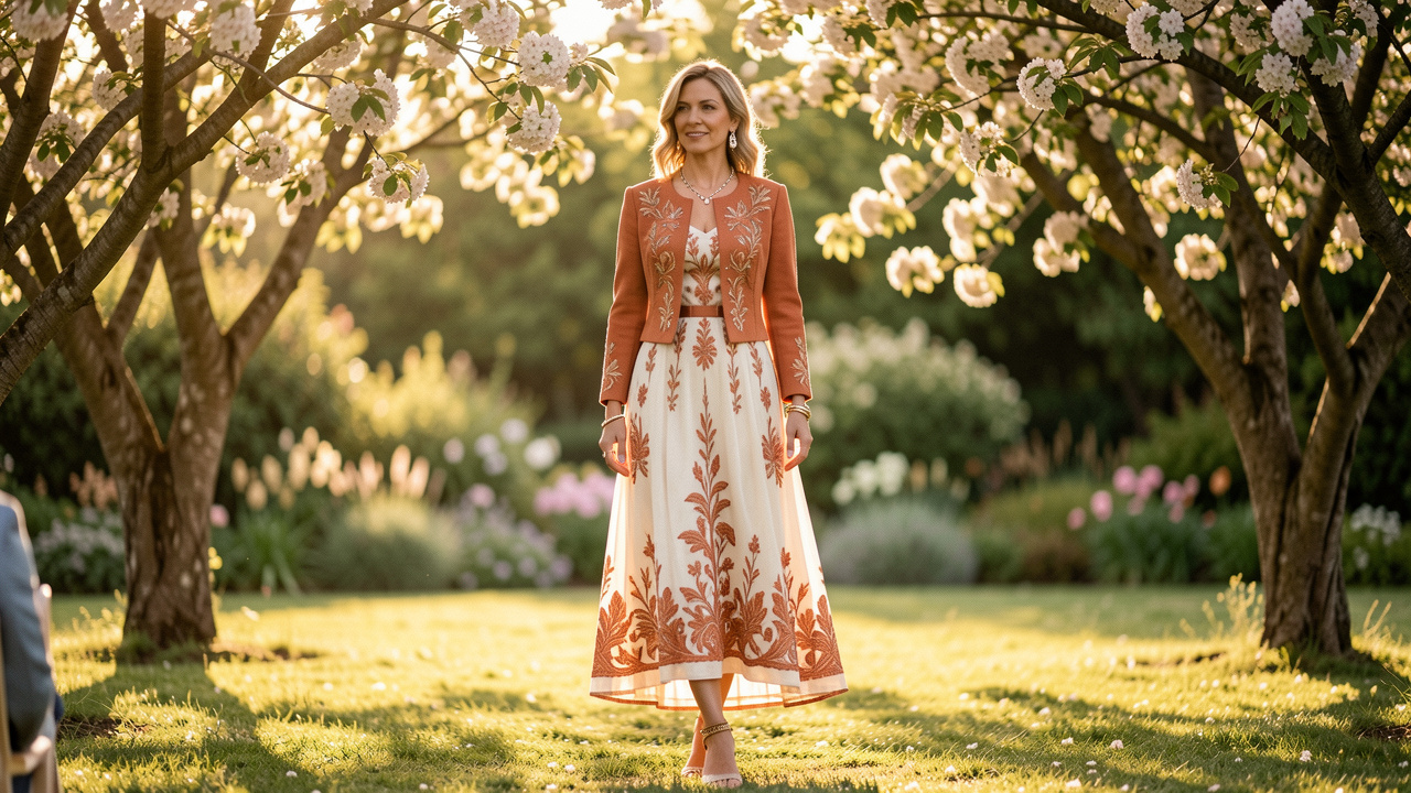 Femme élégante portant une tenue de mariage bohème chic dans un jardin fleuri baigné de lumière dorée.