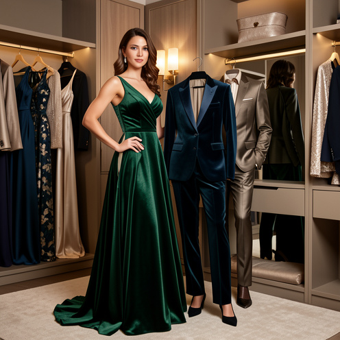 Femme élégante présentant une robe longue, une combinaison en velours et un costume satiné dans un dressing contemporain.