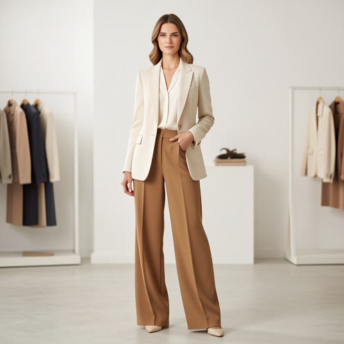 Femme élégante portant un blazer raffiné dans des tons neutres, photographiée dans un intérieur de boutique minimaliste.